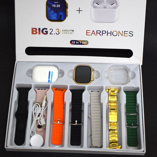 I20 Ultra Max With AirPods Bonus |10 in 1 Smartwatch Bundle 2.3 Inch Large Screen 10 Straps