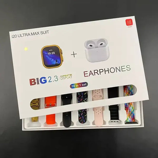 I20 Ultra Max With AirPods Bonus |10 in 1 Smartwatch Bundle 2.3 Inch Large Screen 10 Straps